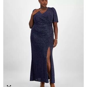 Alex Evenings Navy Glitter Wrap Maxi Dress with Side Slit